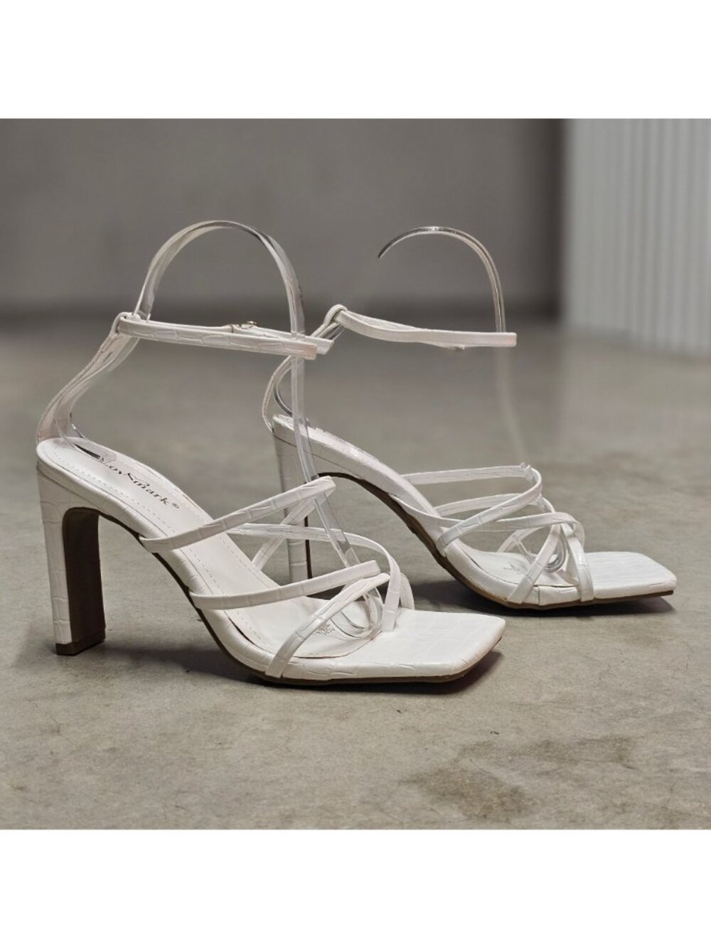 White Croc Embossed Strappy Square Toe Block Heel Ankle Strap Sandals